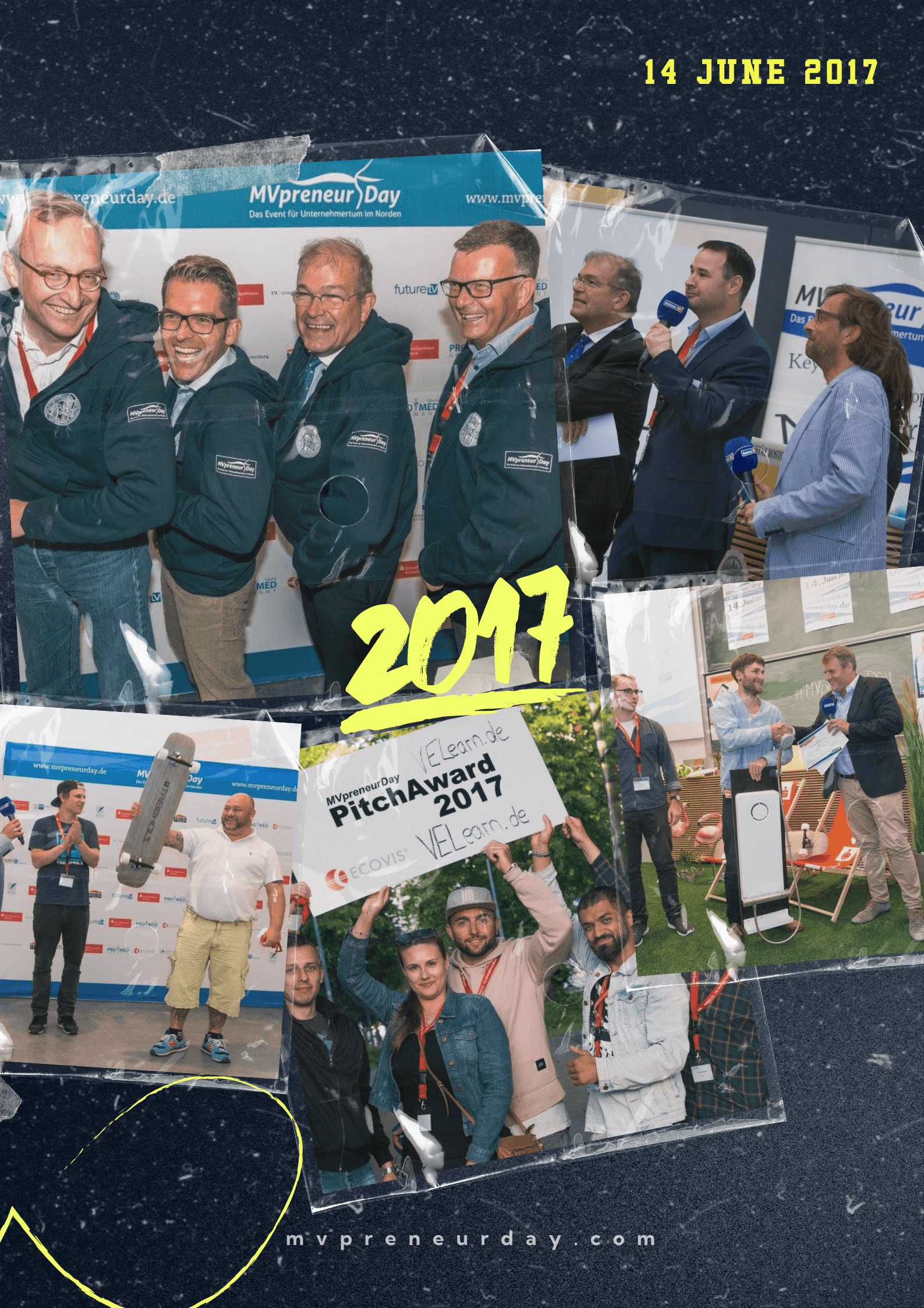 Collage vom MVPRENEUR Day 2017 mit Gruppenbildern und Veranstaltungseindrücken. Jahr „2017“ zentral.