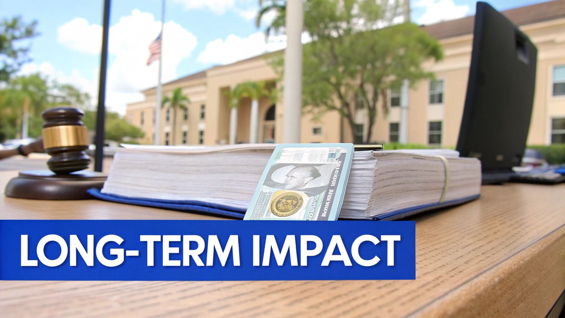 A gavel, legal book with money, and laptop on a desk in front of a courthouse, with 'LONG-TERM IMPACT' text.