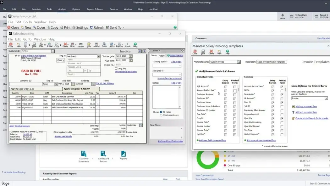 Capture d'écran du tableau de bord de Sage 50 Accounting affichant les fenêtres de configuration et de liste des factures de vente.
