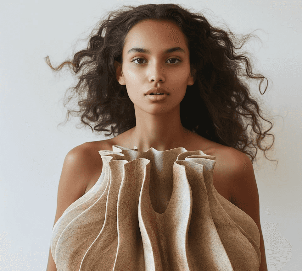 Woman with wavy hair posing behind a large, wavy tan sculptural piece.