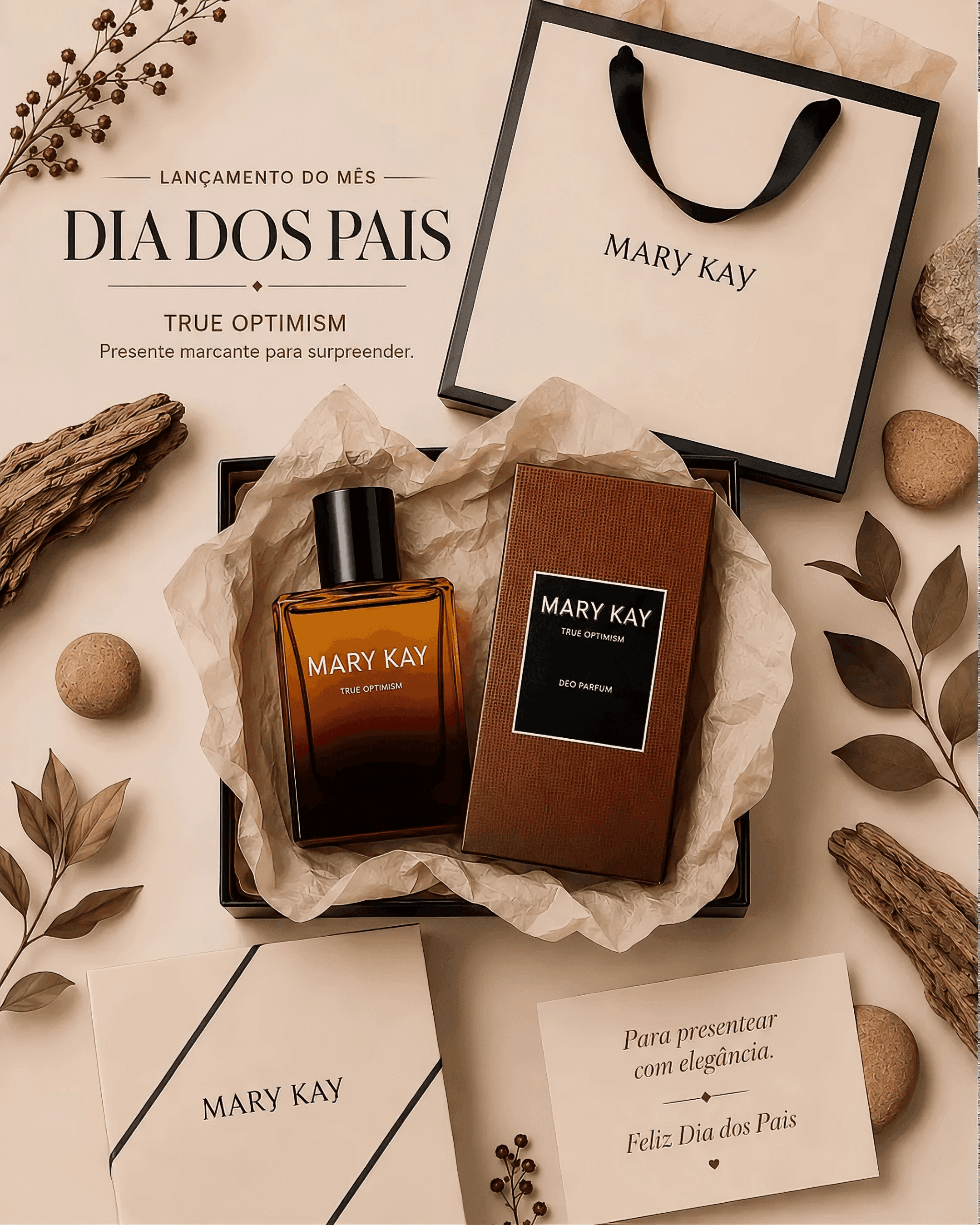 Composição de presente para o Dia dos Pais com o True Optimism™ Deo Parfum, embalagem, sacola Mary Kay e cartão em tons neutros.
