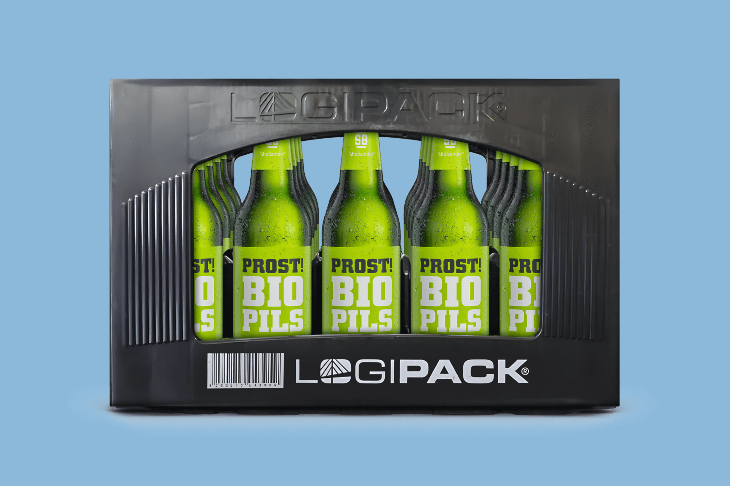 Crate of 5 green beer bottles with "PROST! BIO PILS" label