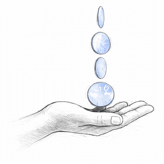 A sketch of an open hand with blue discs above, each displaying clock elements, symbolizing the passage of time. The tone is thoughtful and imaginative.