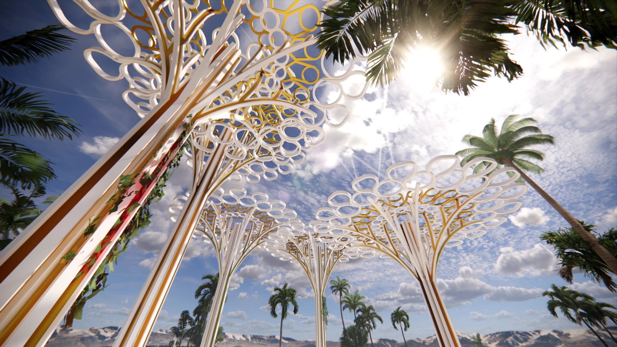 A golden sun shines through a group of Arabic structures, surrounded by trees.