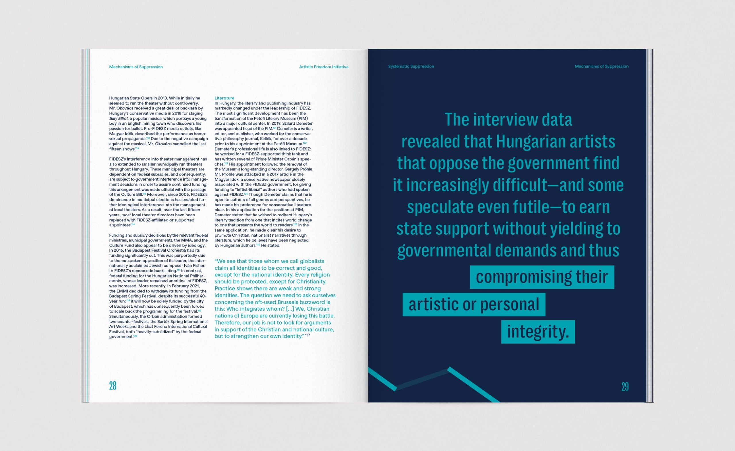 A spread  from the report filled with texts in various colours and sizes, displaying the flexibility of the layout design.