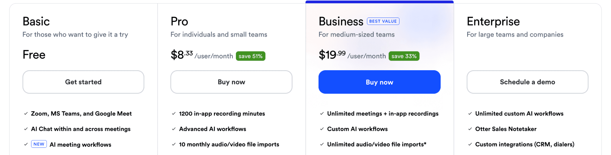 Otter pricing table with four plans: Basic (Free), Pro ($8.33/user/mo), Business ($19.99/user/mo, best value), and Enterprise (demo), plus features.