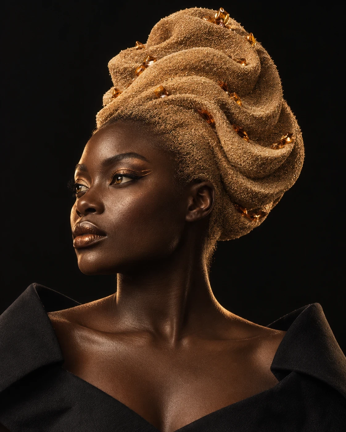 Profile with a tall wave-shaped sand-coloured hairstyle and black sculptural collar
