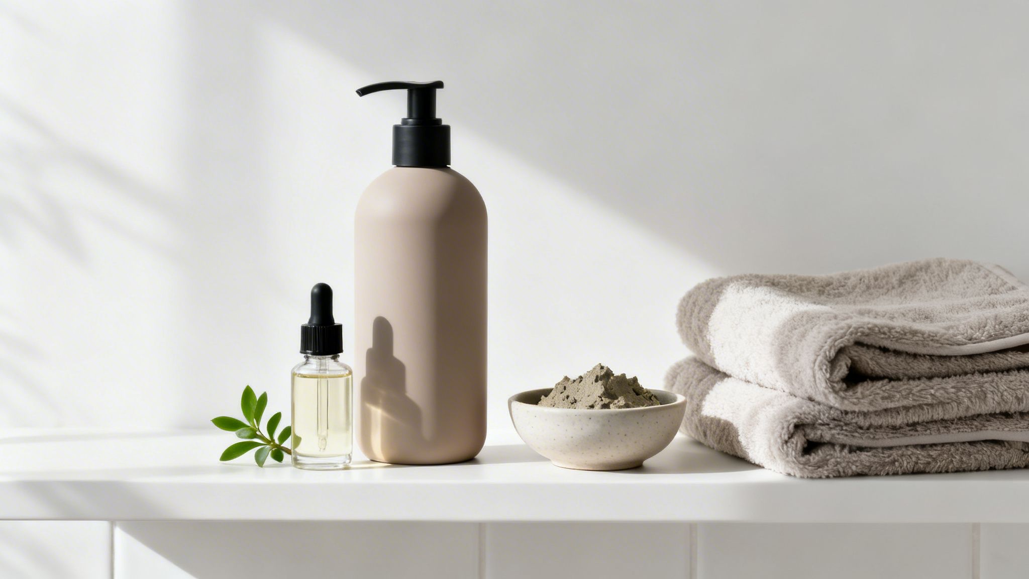 Bottle of shampoo with a bottle of oil besides it and some towels