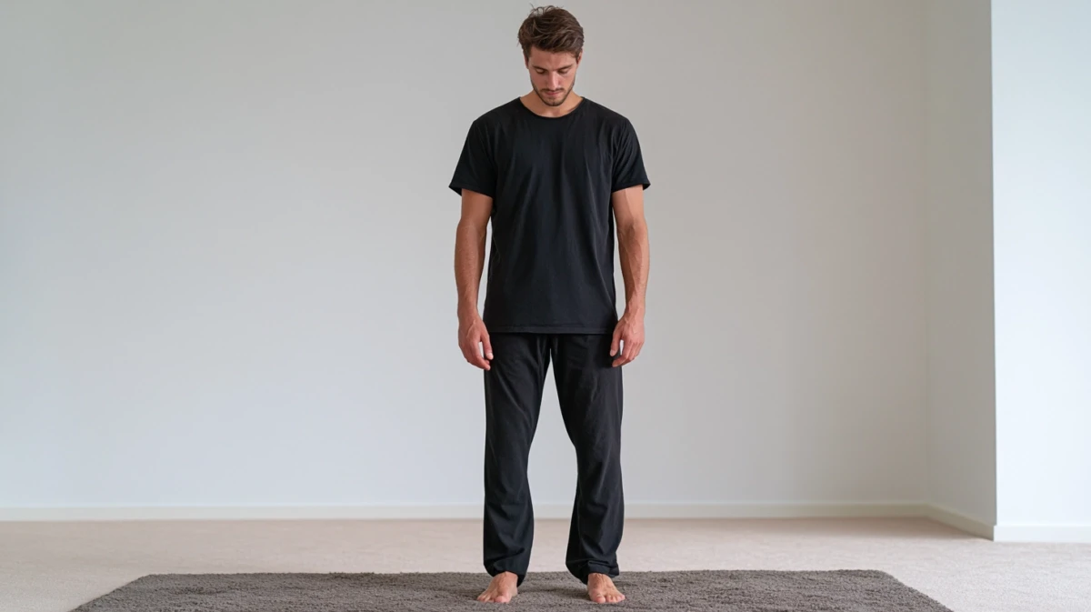 Man standing with feet planted firmly on floor during morning grounding exercise