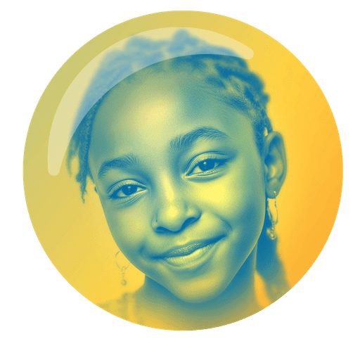 A young child with curly hair smiles warmly, presented in a circular frame with a yellow and blue gradient.