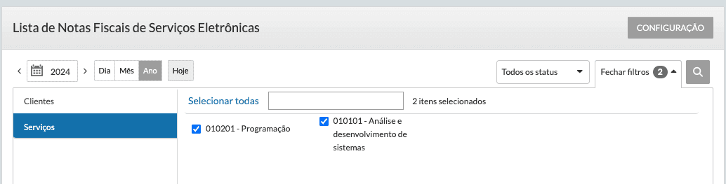 Notas Fiscais - Filtros por Serviços