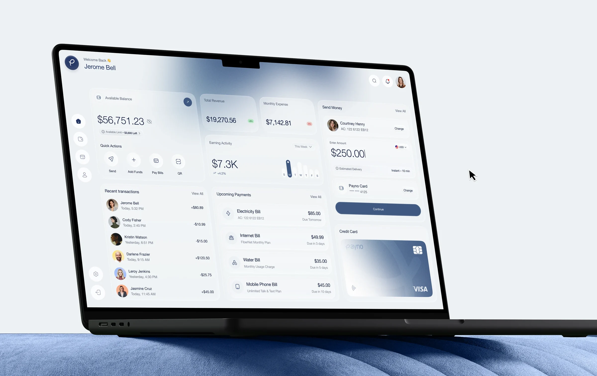 The web dashboard: balance, quick actions, bills