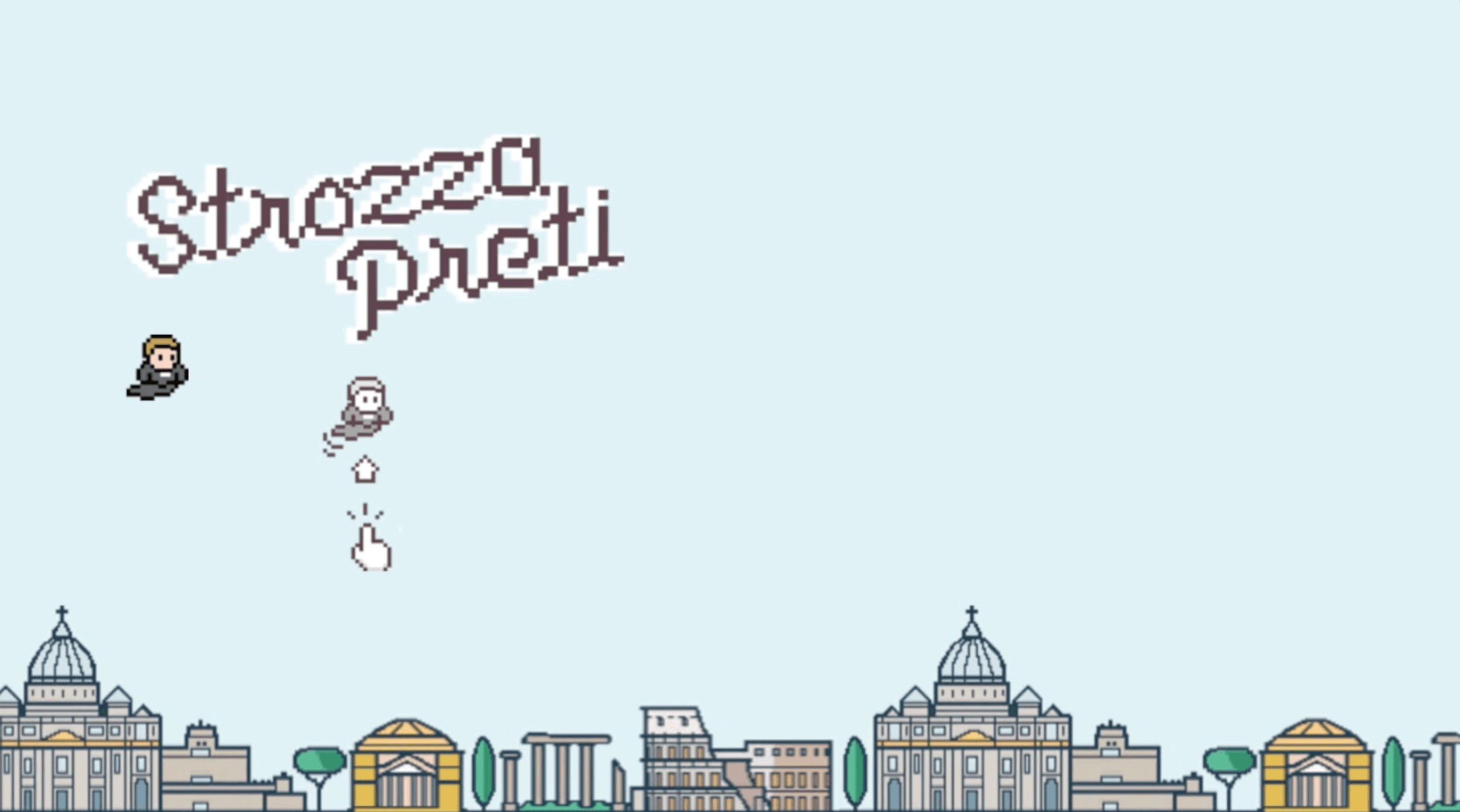 An image of some 8 bit computer art depicting 2d buildings and some characters flying over them.