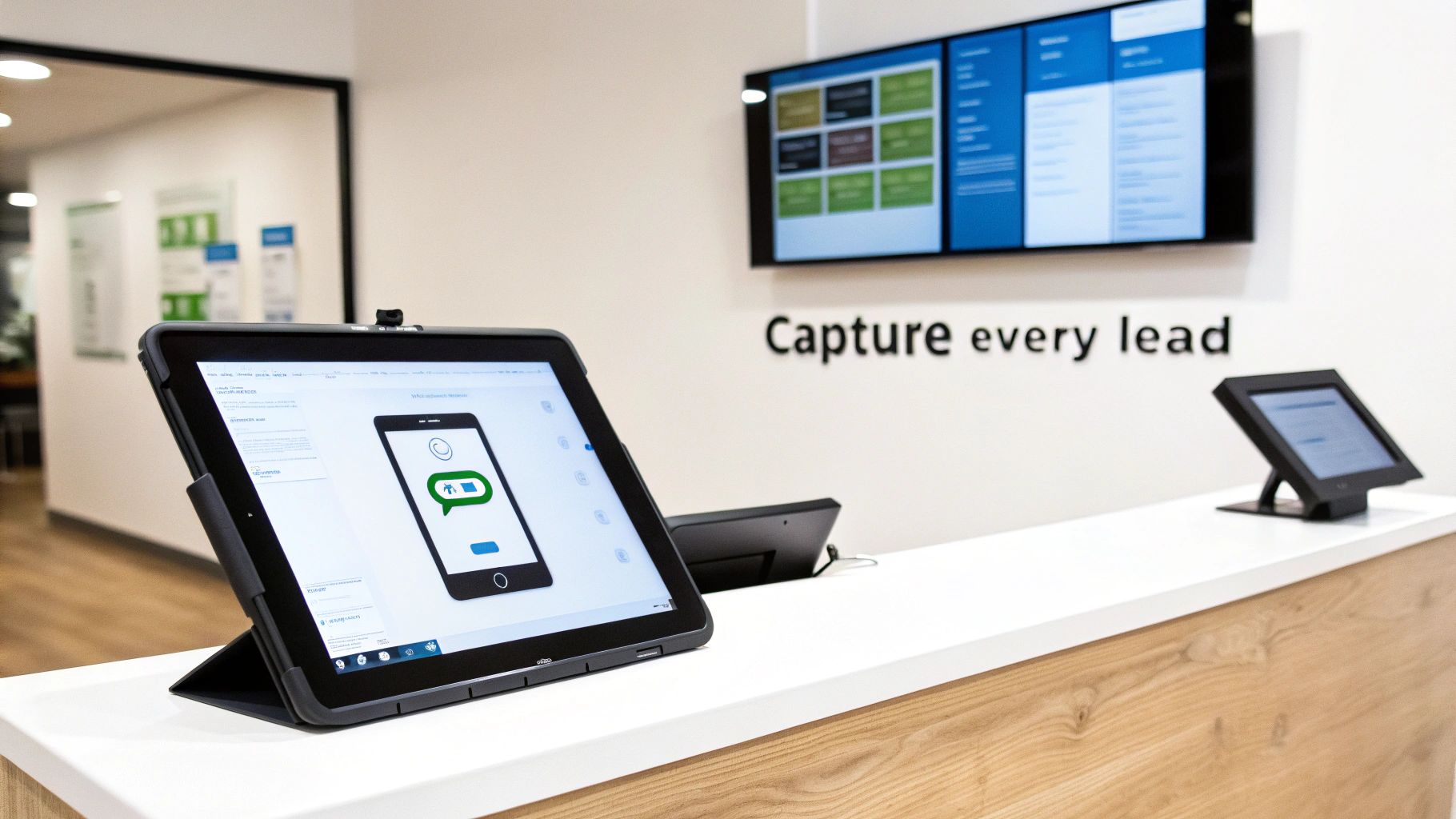 A modern office reception desk features multiple digital screens, including a tablet displaying a mobile app.