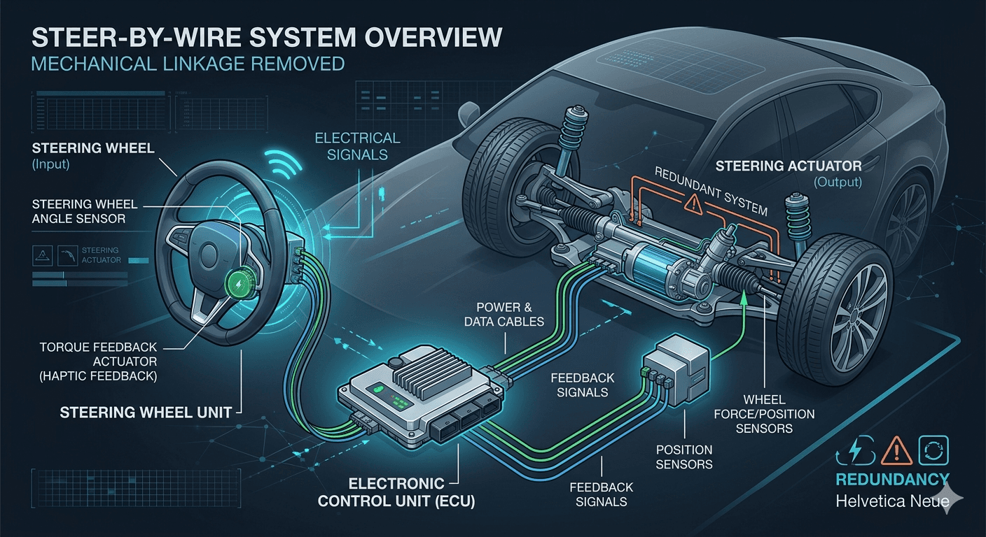 운전자의 조향 의도를 감지하고 반력(피드백)을 제공하는 핸드휠 액추에이터(HWA), 신호를 처리하는 전자 제어 유닛(ECU), 그리고 바퀴를 직접 움직이는 로드휠 액추에이터(RWA) 간의 연결