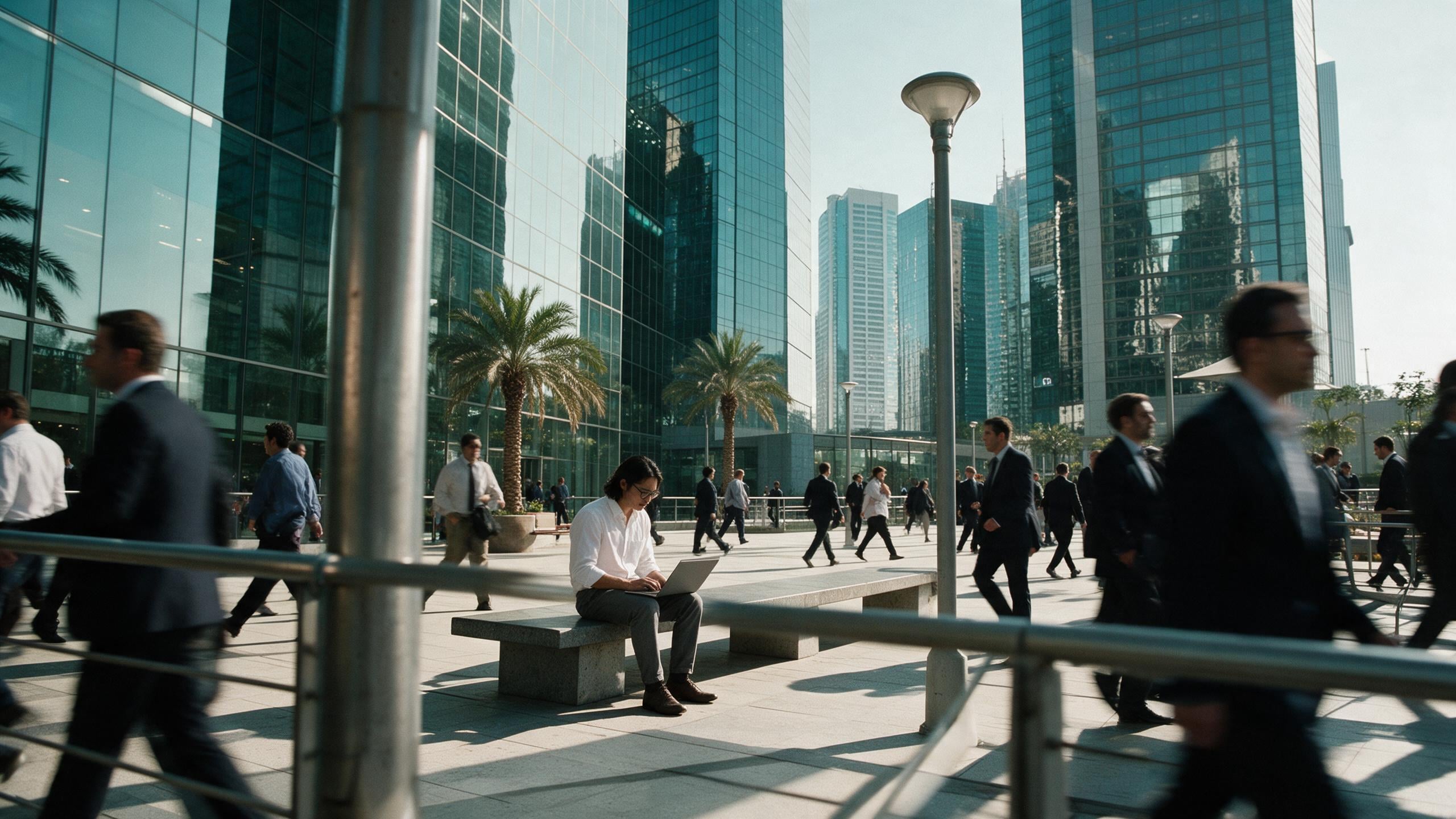 BTG977 professionals walking through a modern business district