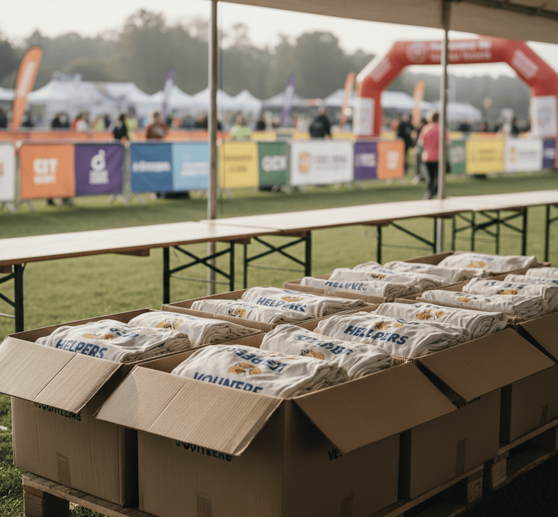 Boxes of giveaway charity fundraiser t shirts being ready in boxes for distribution at the run