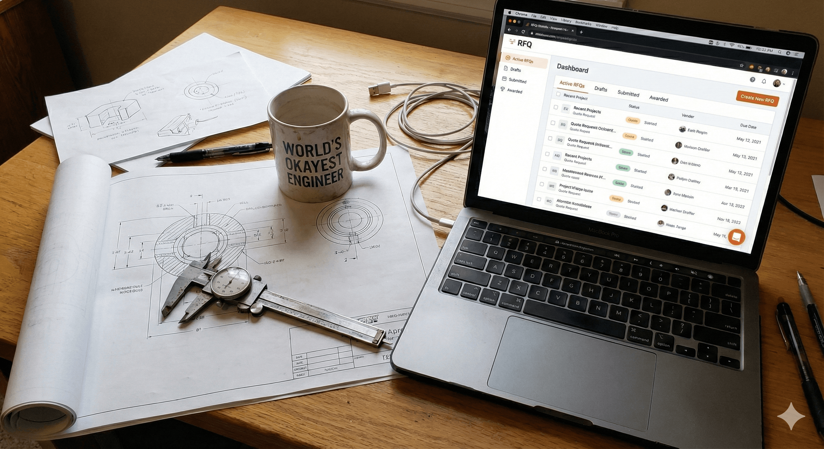 A photo of a desk with a pair of calipers, a printed blueprint, and a coffee mug next to a laptop displaying a website.