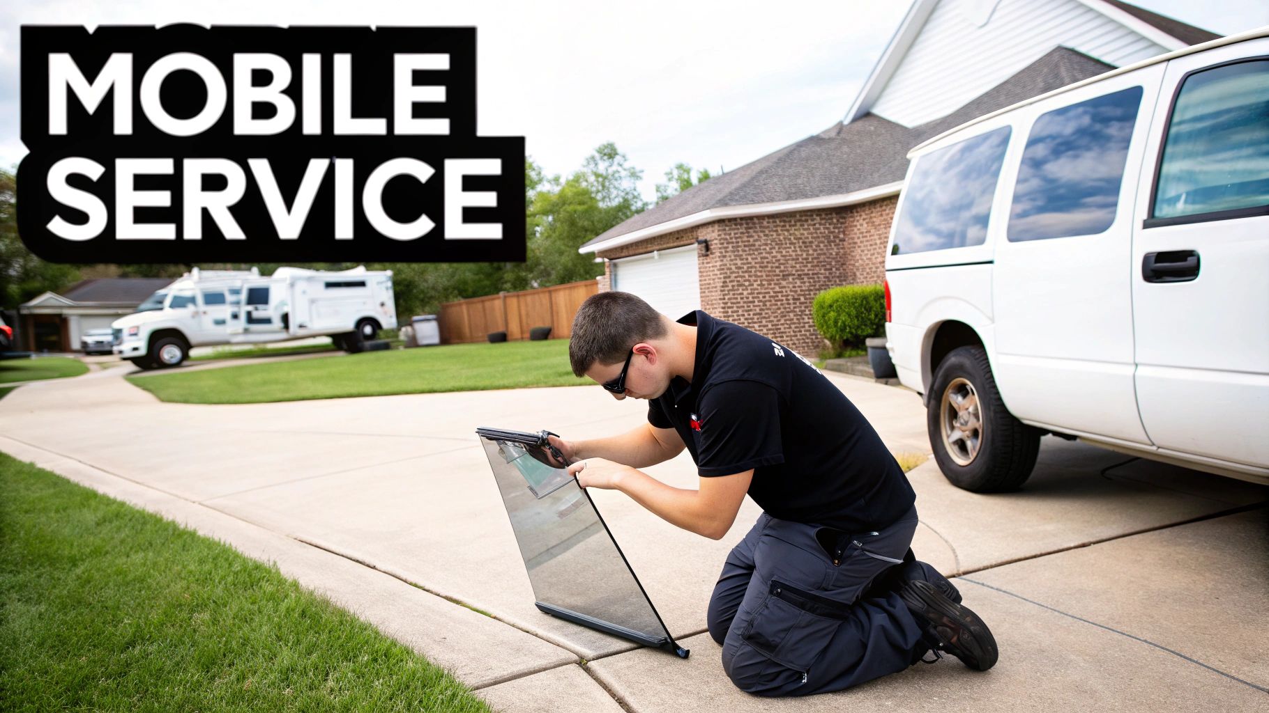Technician performing mobile auto glass repair on a car window in a residential driveway.