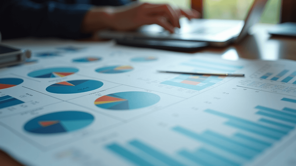 High angle view of a desk with charts and graphs showing sales data