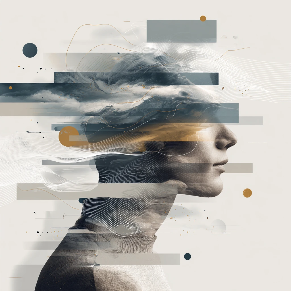 Abstract profile illustration representing ADHD through overlapping thoughts, shifting focus, and mental motion.