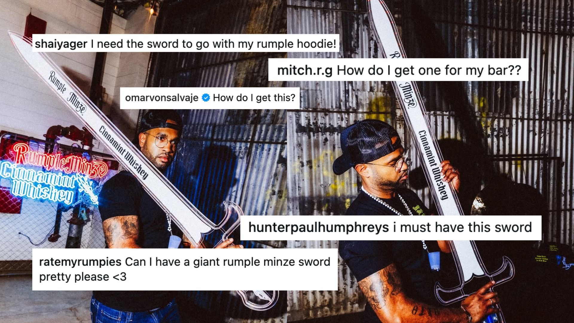 A person holding the rumple minze sword that Brand+Aid made with a bunch of comments super imposed on top stating how they would like one for themselves.