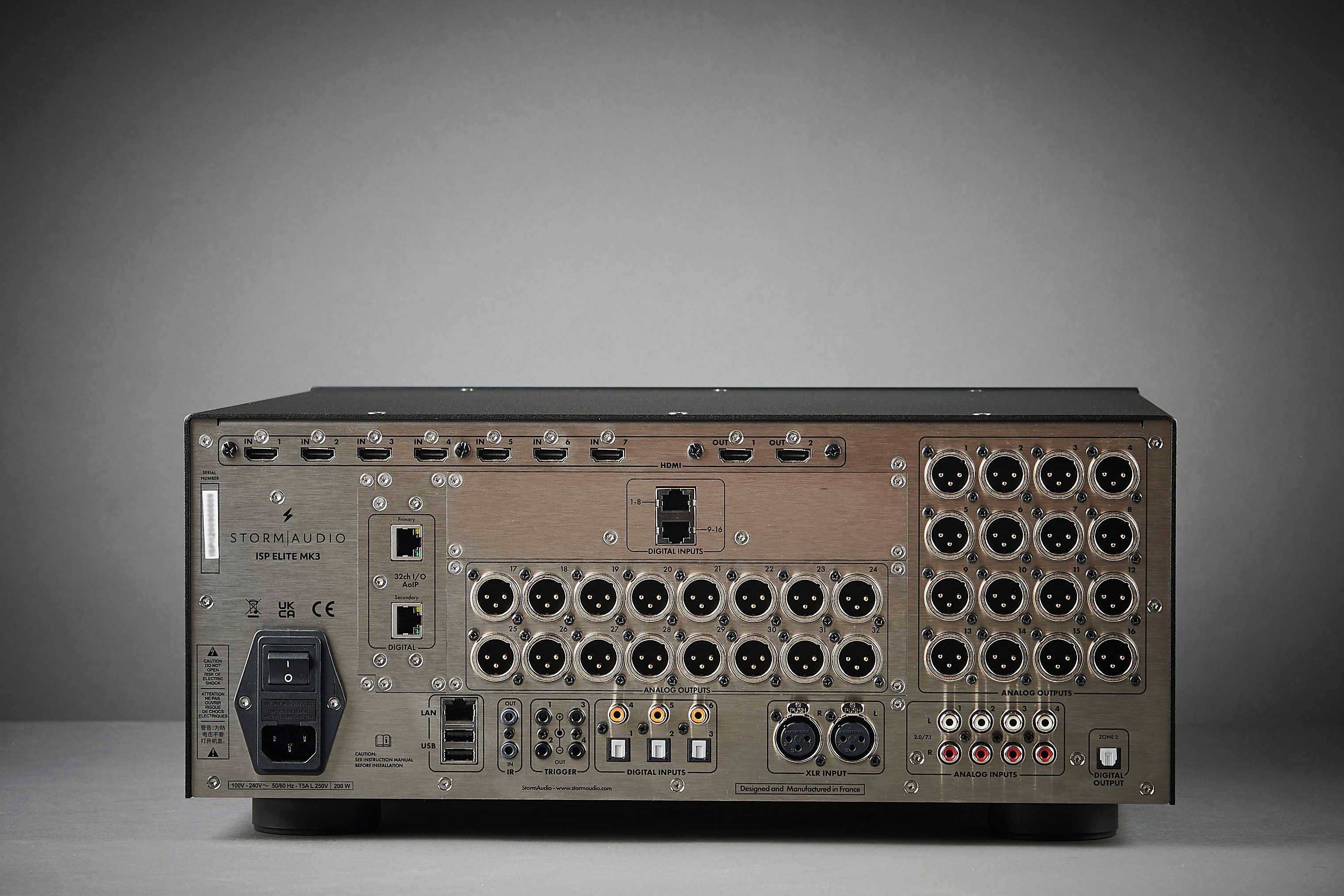 StormAudio ISP Elite MK3 rear panel with numerous inputs/outputs.
