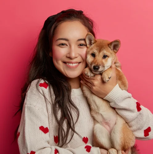 Woman rocking a puppy