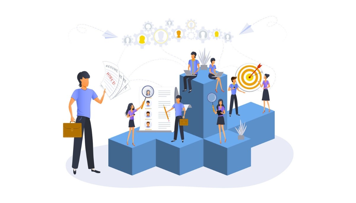 Illustration of candidates being evaluated through resumes and magnifying glasses, with visual blocks and platform levels.