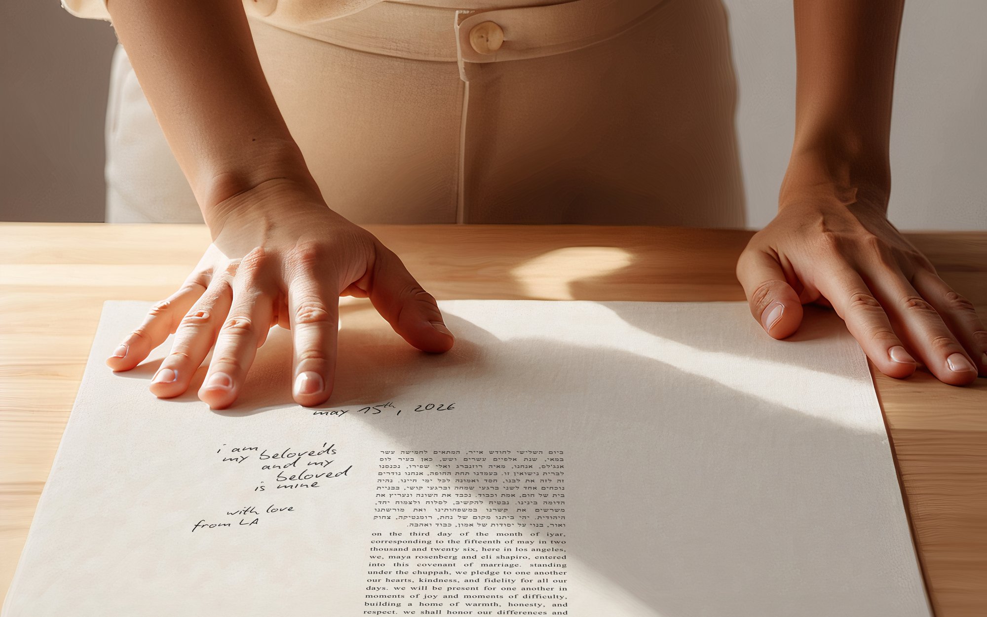 Hands smoothing a printed Ketubah text on a wooden table