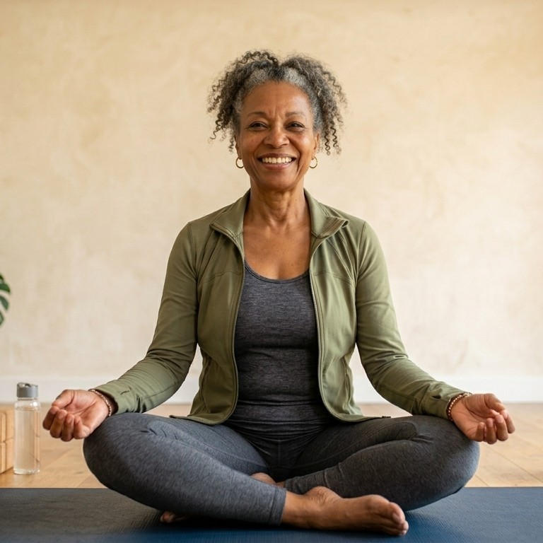 Older woman holding yoga mat and smiling