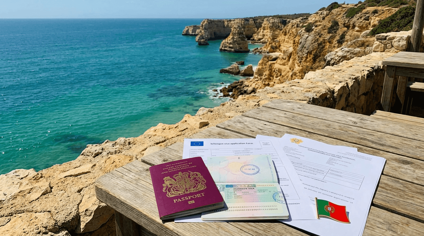 Portugal coastline with passport and visa documents representing Schengen visa application from the UK