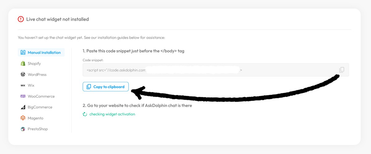 AskDolphin manual installation page with an arrow pointing to the “Copy to clipboard” button for the JavaScript snippet.
