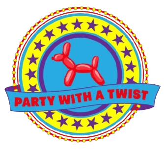 Party with a Twist Logo, red dog balloon animal with a blue banner