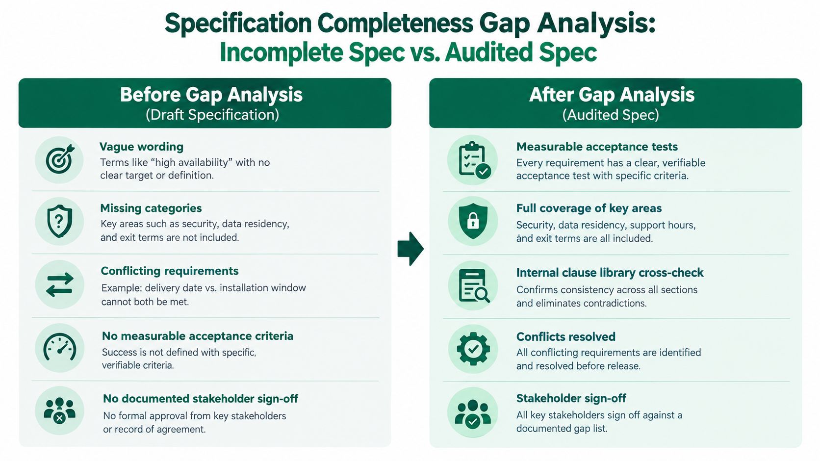 A comparison chart showing specification improvements through gap analysis, from incomplete draft specifications to audited, clear documentation.