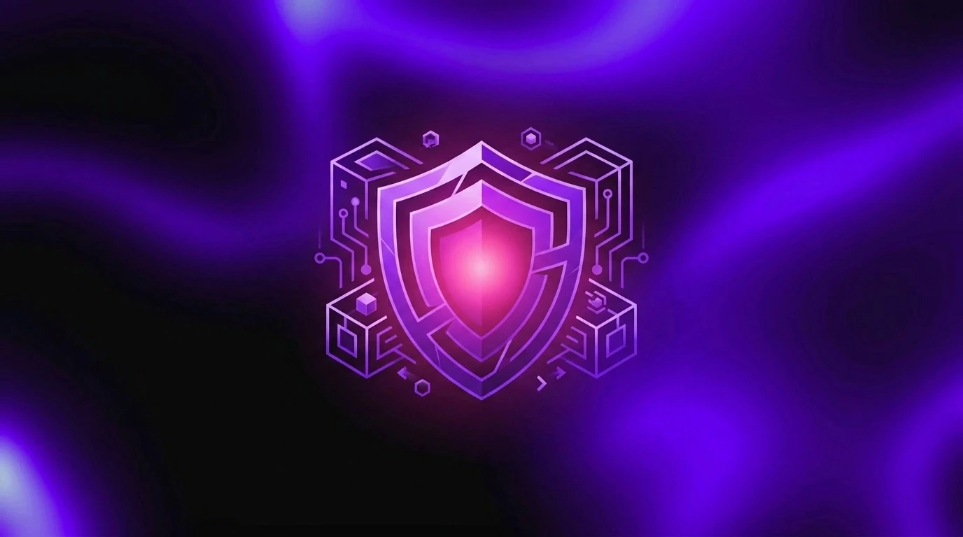 A minimalist digital safety vault icon on a deep black background with soft magenta atmospheric glow, representing data security and backups.