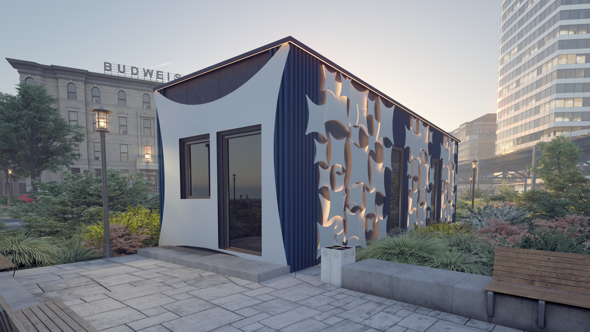 Exterior 3D visualition of a Capsbook modular hotel
