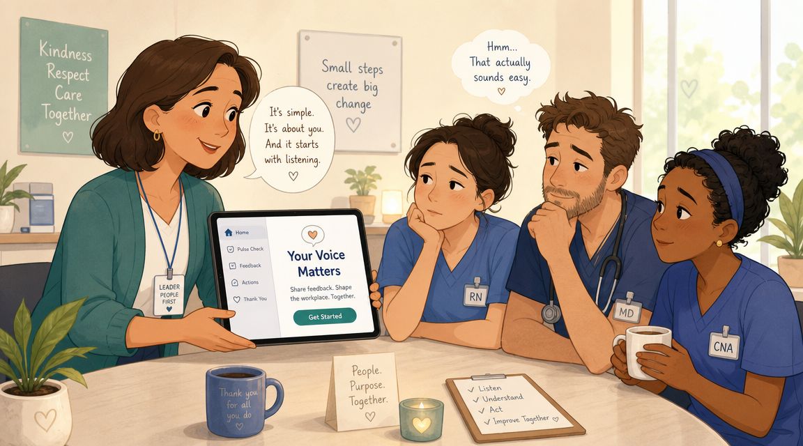 A diverse group of healthcare professionals listening to a leader introduce employee engagement software for feedback.