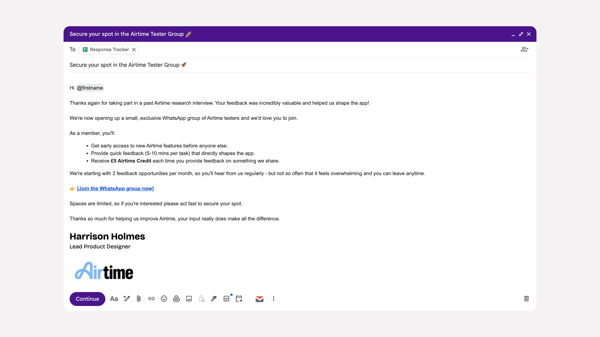 Draft email inviting a user to join an Airtime tester group with a WhatsApp link and incentive details.