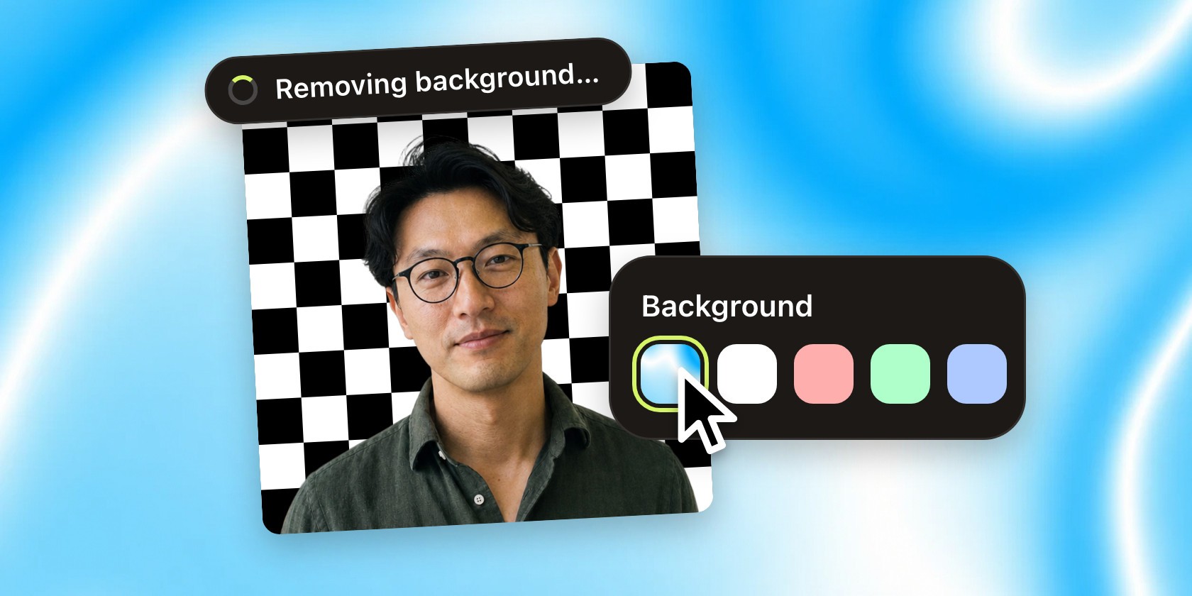 A portrait on a checkerboard while Aaavatar shows Removing background, with the Background picker open next to it