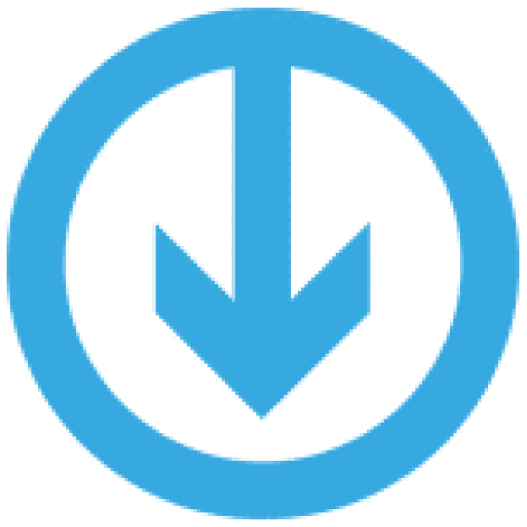 A blue downward arrow icon on a white background.