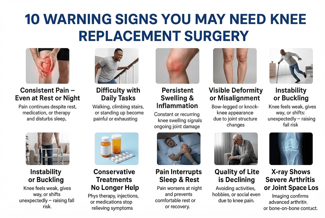 Infographic showing 10 signs that may indicate the need for knee replacement surgery.