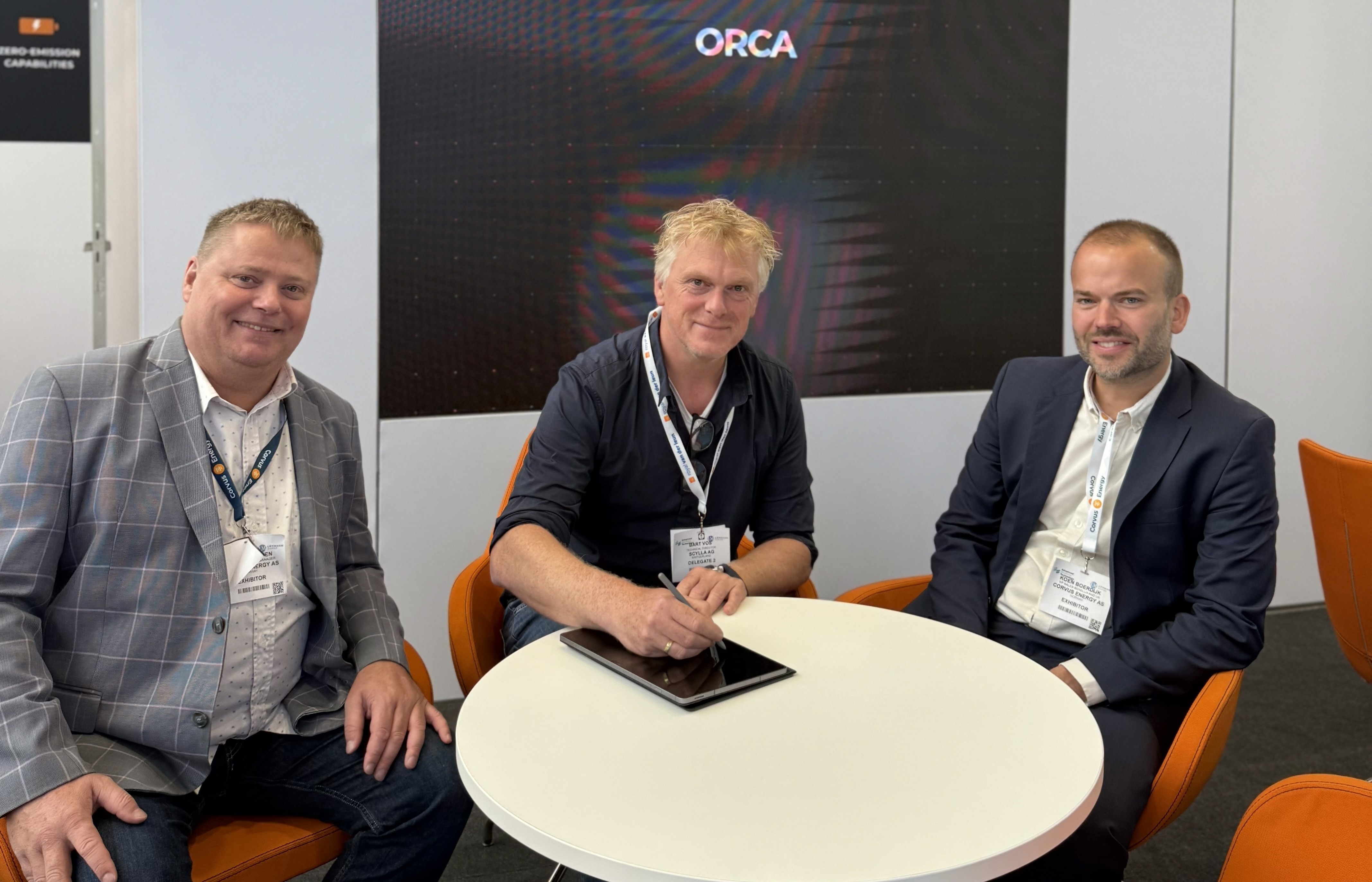 The contracts were signed during the exhibition "Advanced Maritime Technology" in Amsterdam. From left: Tommy Slette, Senior Tech Sales Manager Corvus Energy, Bart Vos, Technical Director Newbuild & Renovation, Scylla Shipping and Koen Boerdijk, VP Sales Benelux & UK Corvus Energy