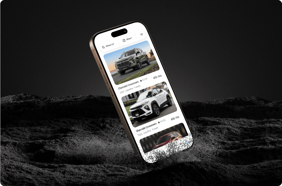 Smartphone mockup showing multiple car listings in the FlynCar app, each with a photo, rate, and brief description.