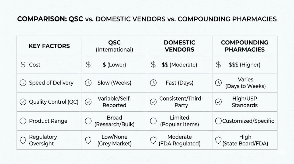 Peptide sourcing comparison chart showing QSC versus domestic vendors versus compounding pharmacies