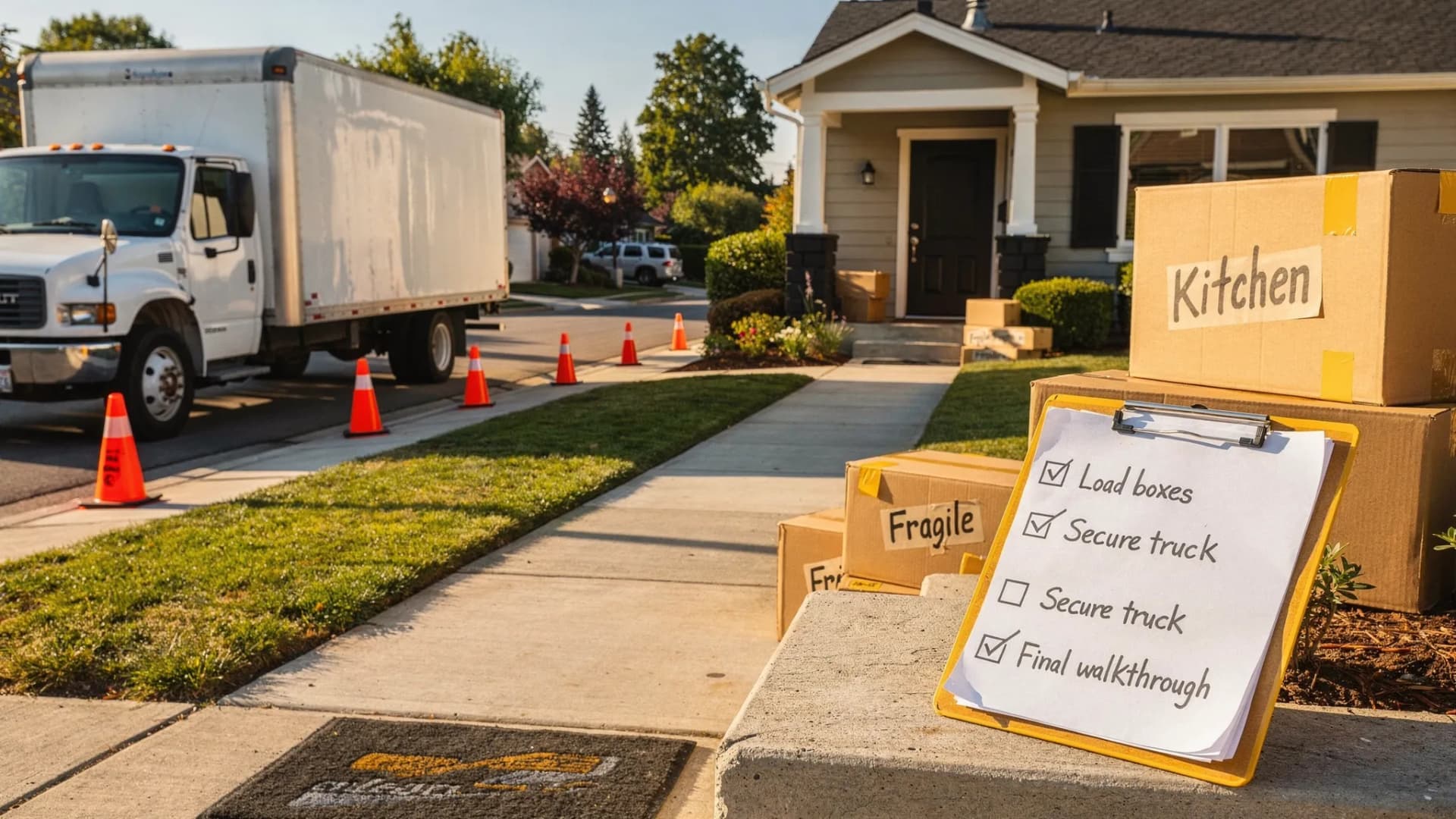 A Fremont moving day scene showing a moving truck safely parked at a curb with cones, a clear walkway to a home entrance, labeled moving boxes staged near the door, and a simple checklist clipboard in the foreground.