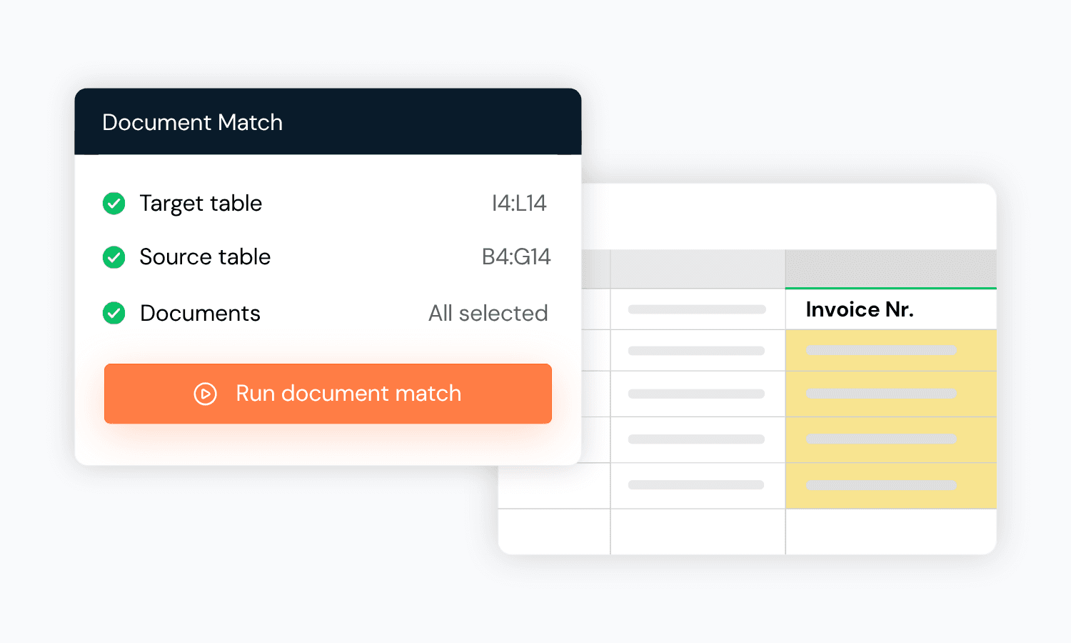 RobotX Flex Document Match panel with target and source table ranges selected, matching invoice numbers in an Excel workpaper.