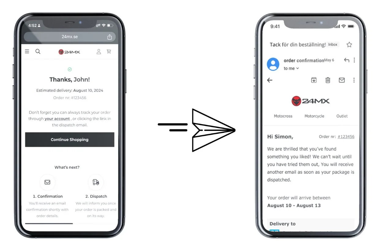 Checkout thank-you page leading to the order confirmation email on a phone
