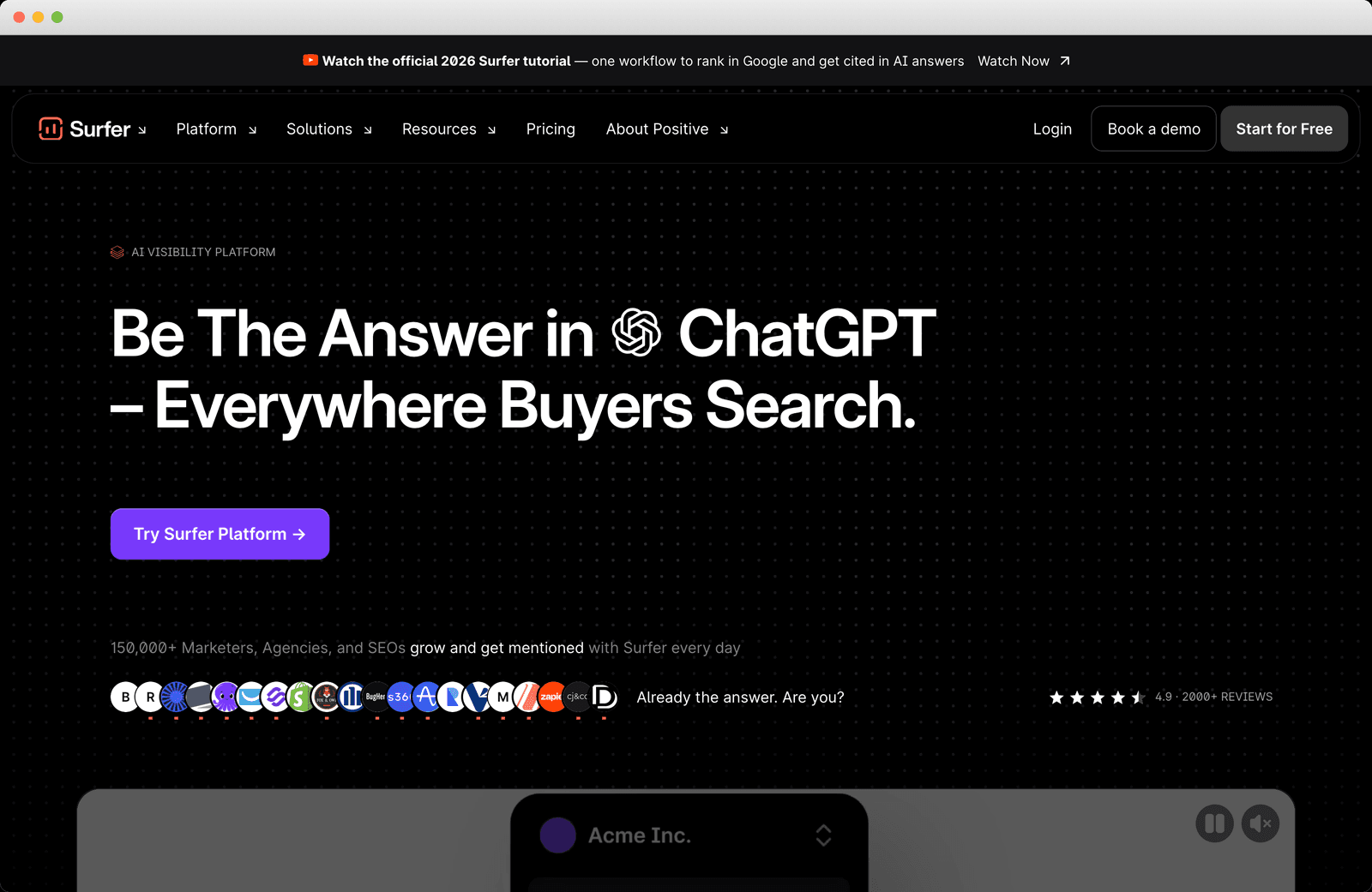 Surfer homepage, Be The Answer in ChatGPT hero