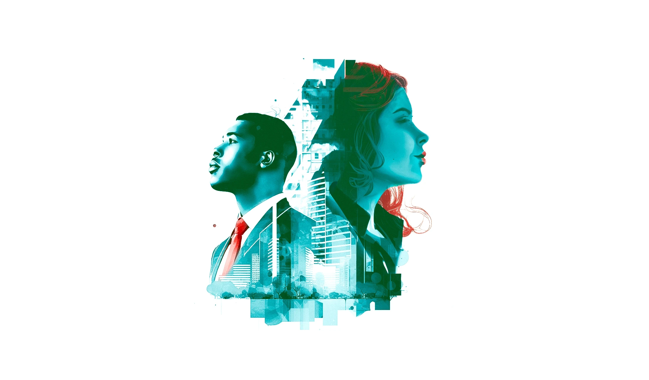 Illustration en double exposition mêlant des portraits de profils urbains et des architectures de gratte-ciel, illustrant notre expertise en "Branding" et identité visuelle pour le secteur du crédit immobilier.